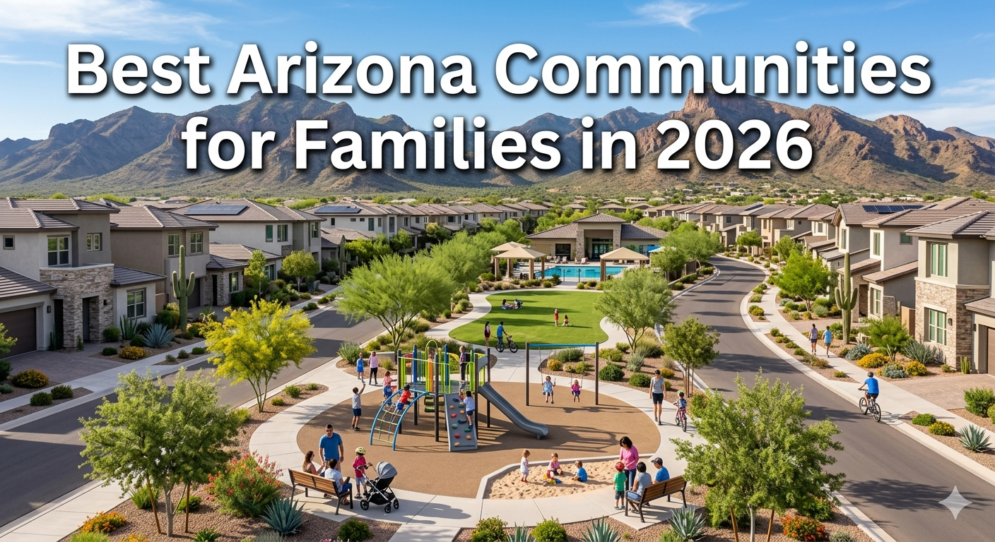 Arizona suburban family neighborhood with parks, playgrounds, and modern homes surrounded by desert mountains, representing top family communities in 2026, overlaid with the text: “Best Arizona Communities for Families in 2026”