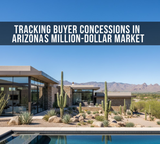 Arizona luxury home with desert landscaping and modern design, overlaid with the text: “TRACKING BUYER CONCESSIONS IN ARIZONA’S MILLION-DOLLAR MARKET”
