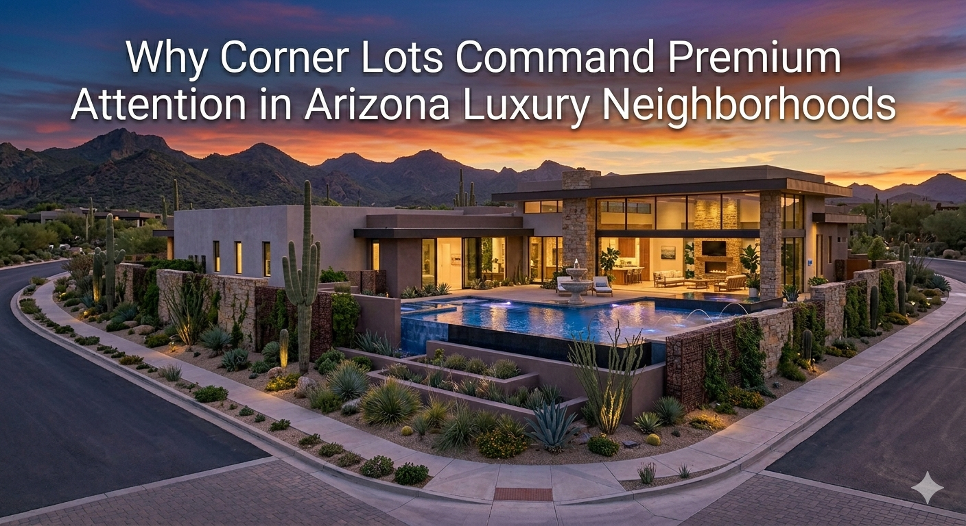 Modern Arizona luxury home situated on a corner lot with dual street frontage, expansive landscaping, enhanced privacy screening, and desert mountain backdrop, overlaid with the text: “Why Corner Lots Command Premium Attention in Arizona Luxury Neighborhoods”