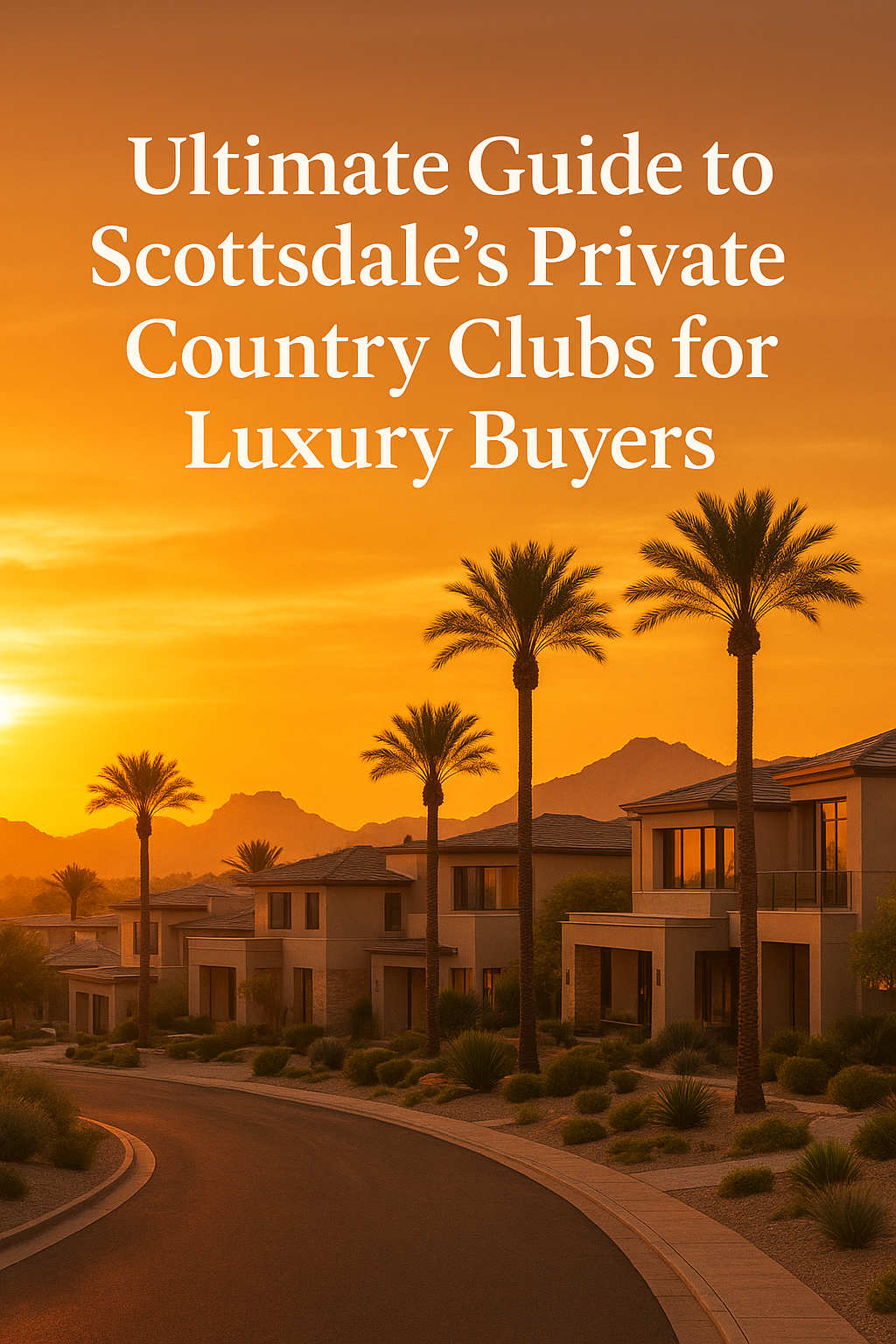 Elegant desert neighborhood at sunset featuring modern luxury homes, palm trees, and a warm golden sky, overlaid with the text: Ultimate Guide to Scottsdale’s Private Country Clubs for Luxury Buyers