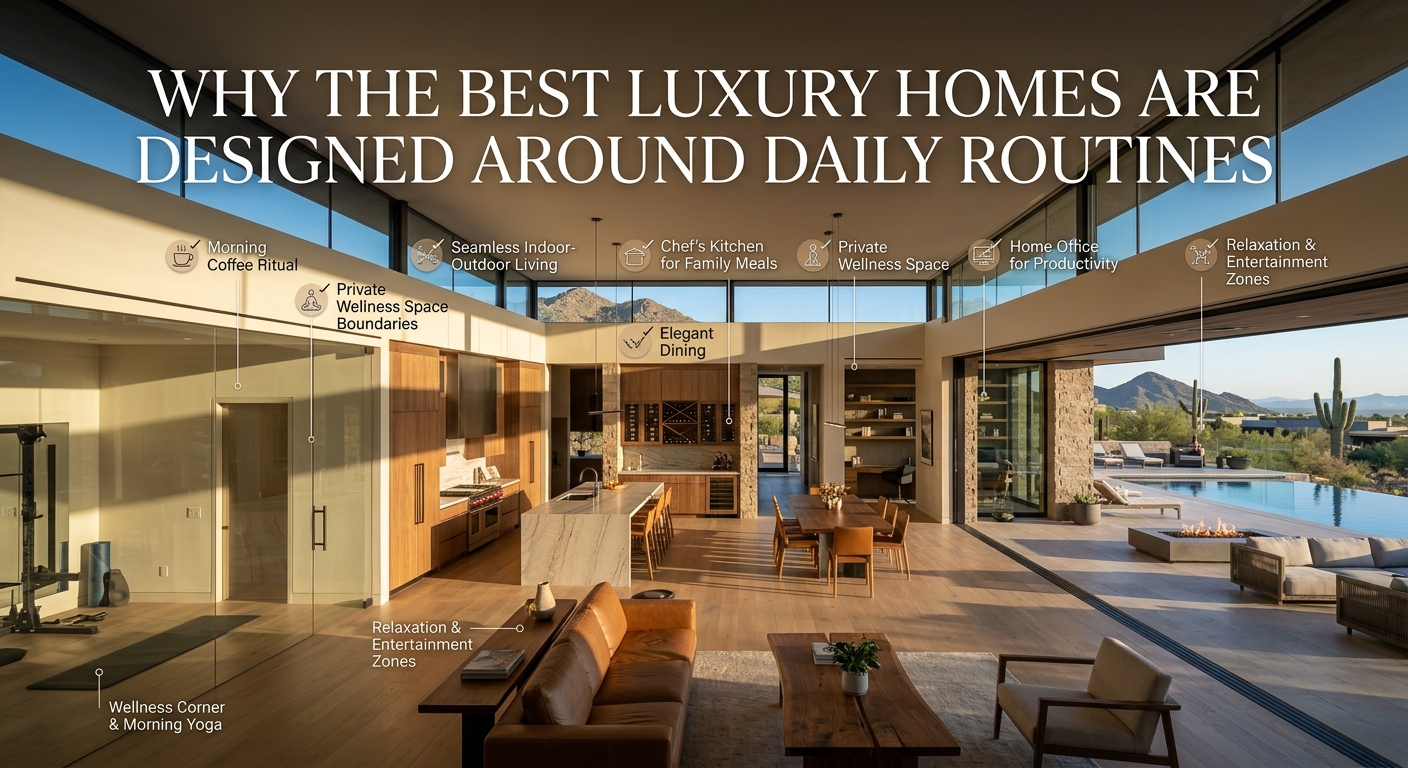 Sophisticated Arizona luxury home with an open floor plan, elegant kitchen, private wellness space, home office, expansive glass walls, and seamless indoor-outdoor living, illustrating how luxury homes can be designed around everyday routines and lifestyle. overlaid wiTh text: Why the Best Luxury Homes Are Designed Around Daily Routines