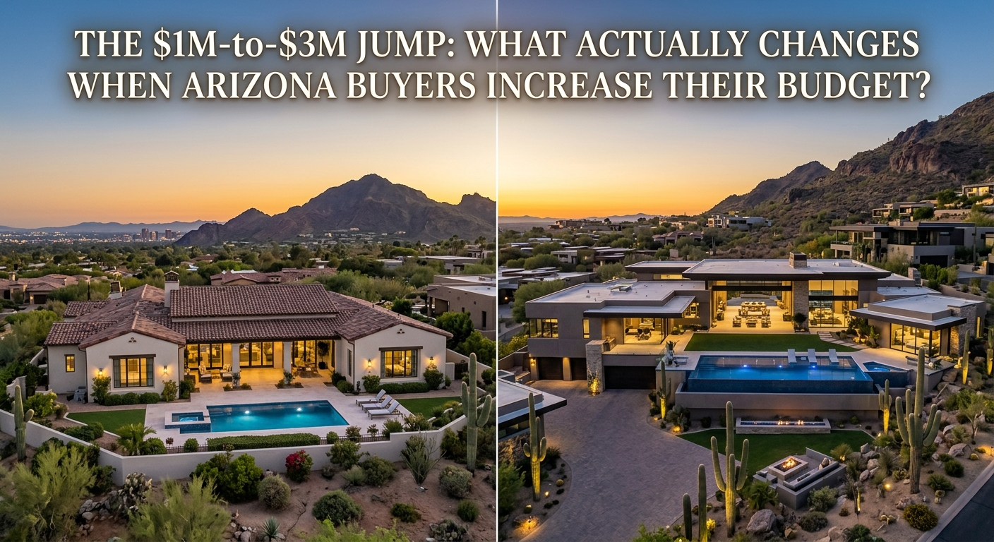 LUXURY REAL ESTATE ARIZONA WITH TEXT: The $1M-to-$3M Jump: What Actually Changes When Arizona Buyers Increase Their Budget?