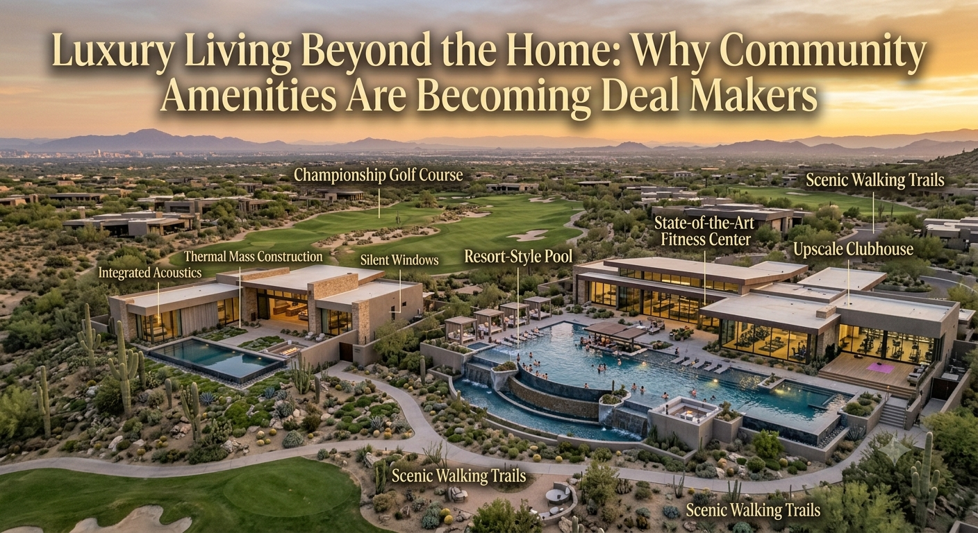 A luxury Arizona community featuring a championship golf course, resort-style pool, fitness center, scenic walking trails, and upscale clubhouse, illustrating why community amenities are becoming deal makers for luxury homebuyers, overlaid with the text: “Luxury Living Beyond the Home: Why Community Amenities Are Becoming Deal Makers.” 