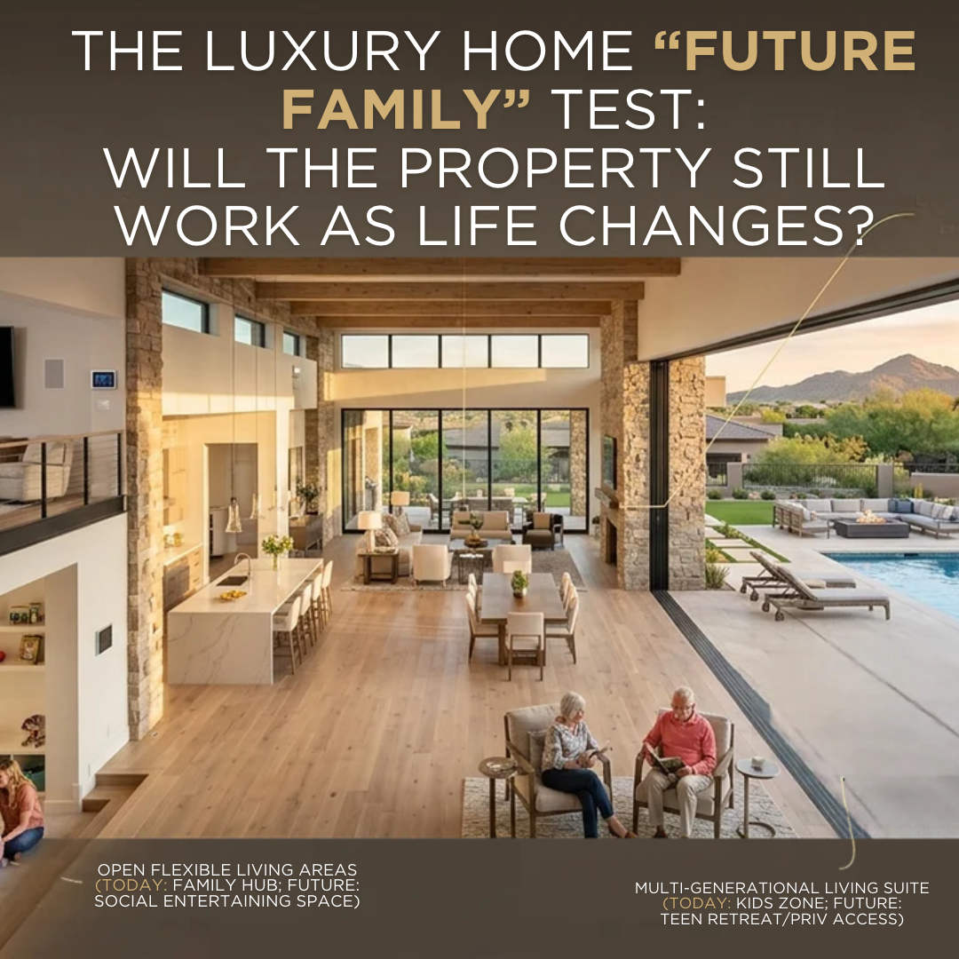 Elegant Arizona luxury family home with spacious interiors, multiple living areas, pool, landscaped backyard, and flexible spaces representing a home designed to adapt as family needs change overlaid with text: The Luxury Home “Future Family” Test: Will the Property Still Work as Life Changes?