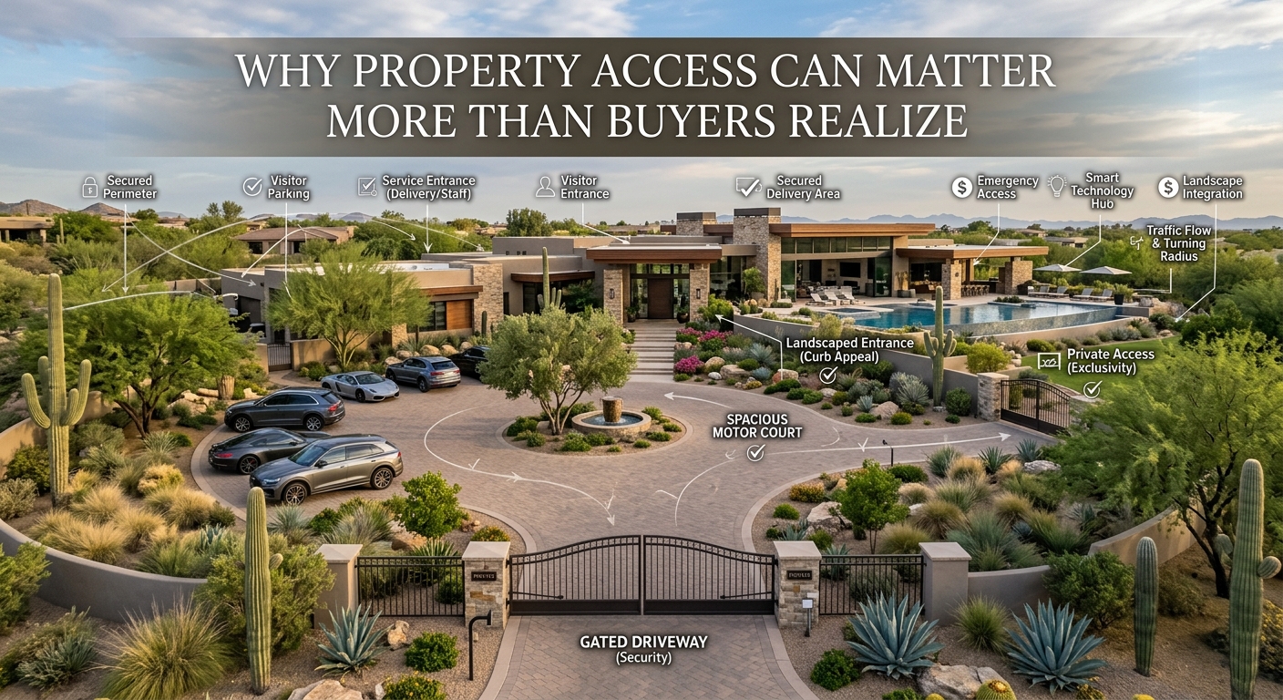 Elegant Arizona luxury estate with gated driveway, spacious motor court, landscaped entrance, and private access in Scottsdale overlaid with text: Why Property Access Can Matter More Than Buyers Realize