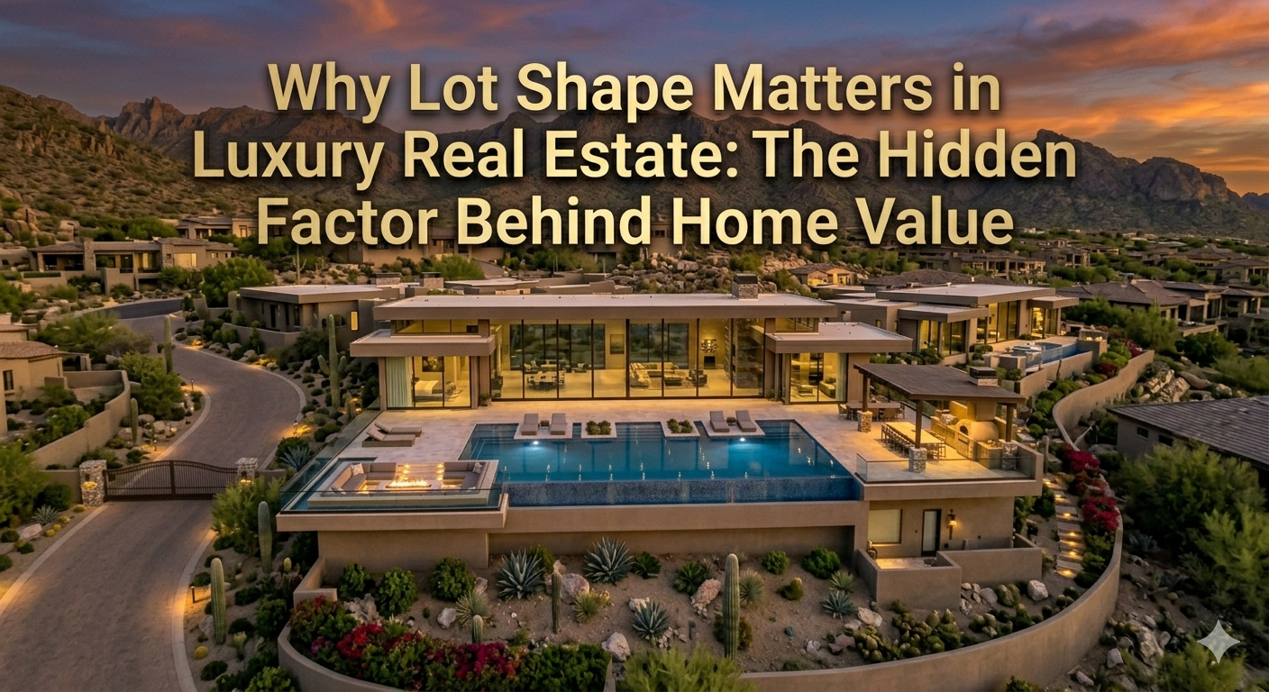Aerial view of an Arizona luxury estate showcasing a uniquely shaped premium lot with expansive outdoor living spaces, resort-style pool, private landscaping, and mountain views, overlaid with the text: “Why Lot Shape Matters in Luxury Real Estate: The Hidden Factor Behind Home Value”