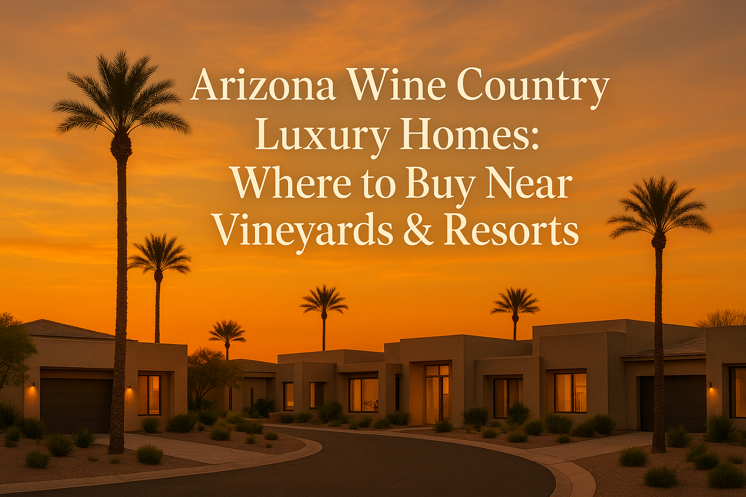 Elegant desert neighborhood at sunset featuring modern luxury homes, palm trees, and a warm golden sky, overlaid with the text:Arizona Wine Country Luxury Homes: Where to Buy Near Vineyards & Resorts