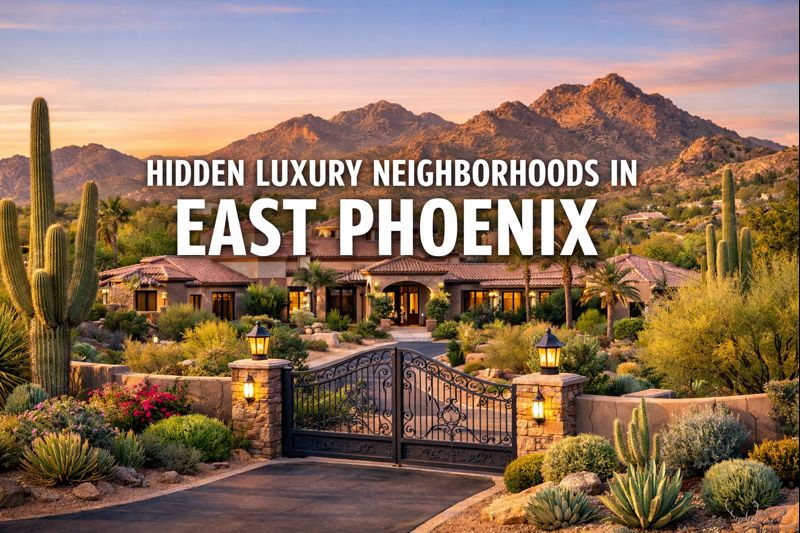 Gated East Phoenix luxury estate surrounded by desert landscaping, overlaid with the text: “HIDDEN LUXURY NEIGHBORHOODS IN EAST PHOENIX”