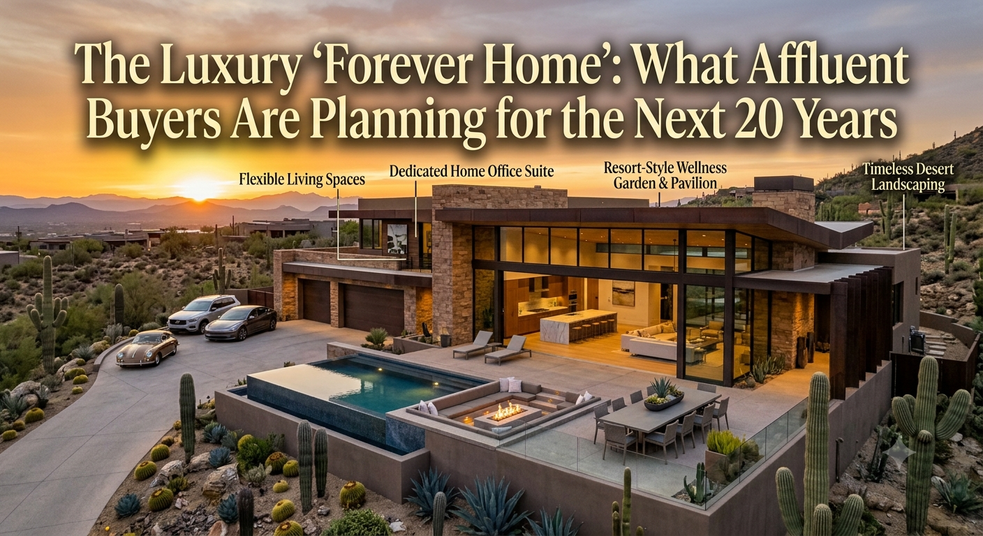 Contemporary Arizona luxury home with timeless architecture, flexible indoor-outdoor living spaces, resort-style backyard, home office, wellness amenities, and desert landscaping, illustrating the concept of a luxury forever home designed for long-term comfort and value, overlaid with the text: “The Luxury ‘Forever Home’: What Affluent Buyers Are Planning for the Next 20 Years” 
