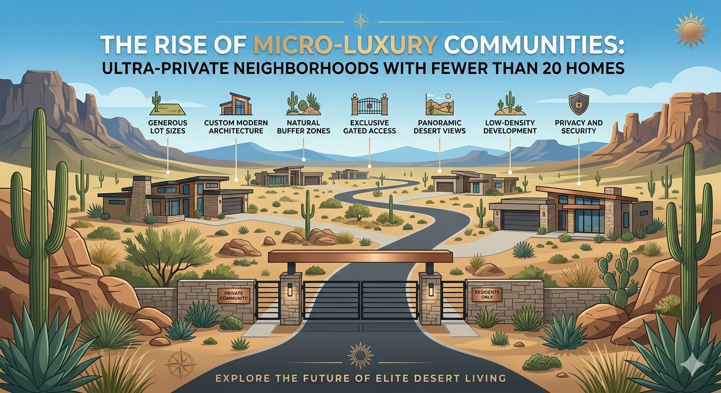  Ultra-private Arizona luxury community with a small number of modern desert homes, gated entrance, and expansive natural surroundings, emphasizing exclusivity and low-density living, overlaid with the text: “The Rise of Micro-Luxury Communities: Ultra-Private Neighborhoods with Fewer than 20 Homes”