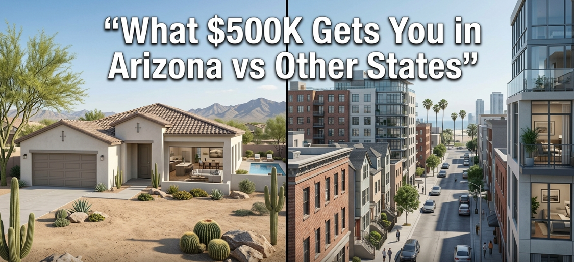 Split comparison image showing a spacious suburban home in Arizona alongside dense urban housing in a coastal city, illustrating differences in value and space for a $500K budget across U.S. markets in 2026, overlaid with the text: “What $500K Gets You in Arizona vs Other States”