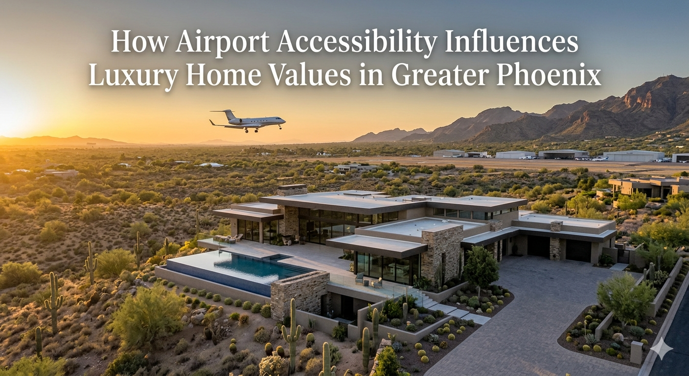 Luxury Arizona estate overlooking desert scenery with a private jet approaching in the distance, highlighting proximity to Scottsdale Airport and convenient travel access, overlaid with the text: “How Airport Accessibility Influences Luxury Home Values in Greater Phoenix”