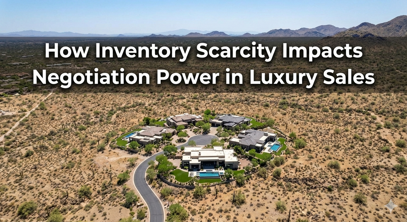 Aerial shot of a small cluster of luxury homes surrounded by open desert land in Scottsdale, highlighting limited housing supply y overlaid with the text: How Inventory Scarcity Impacts Negotiation Power in Luxury Sales