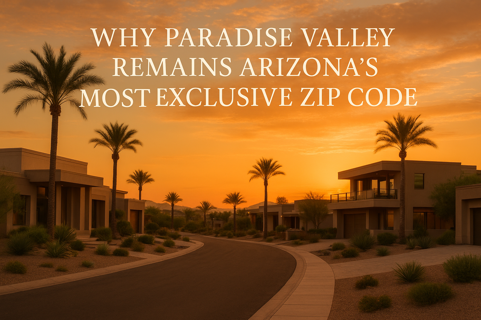 Elegant desert neighborhood at sunset featuring modern luxury homes, palm trees, and a warm golden sky, overlaid with the text: “Why Paradise Valley Remains Arizona’s Most Exclusive Zip Code”