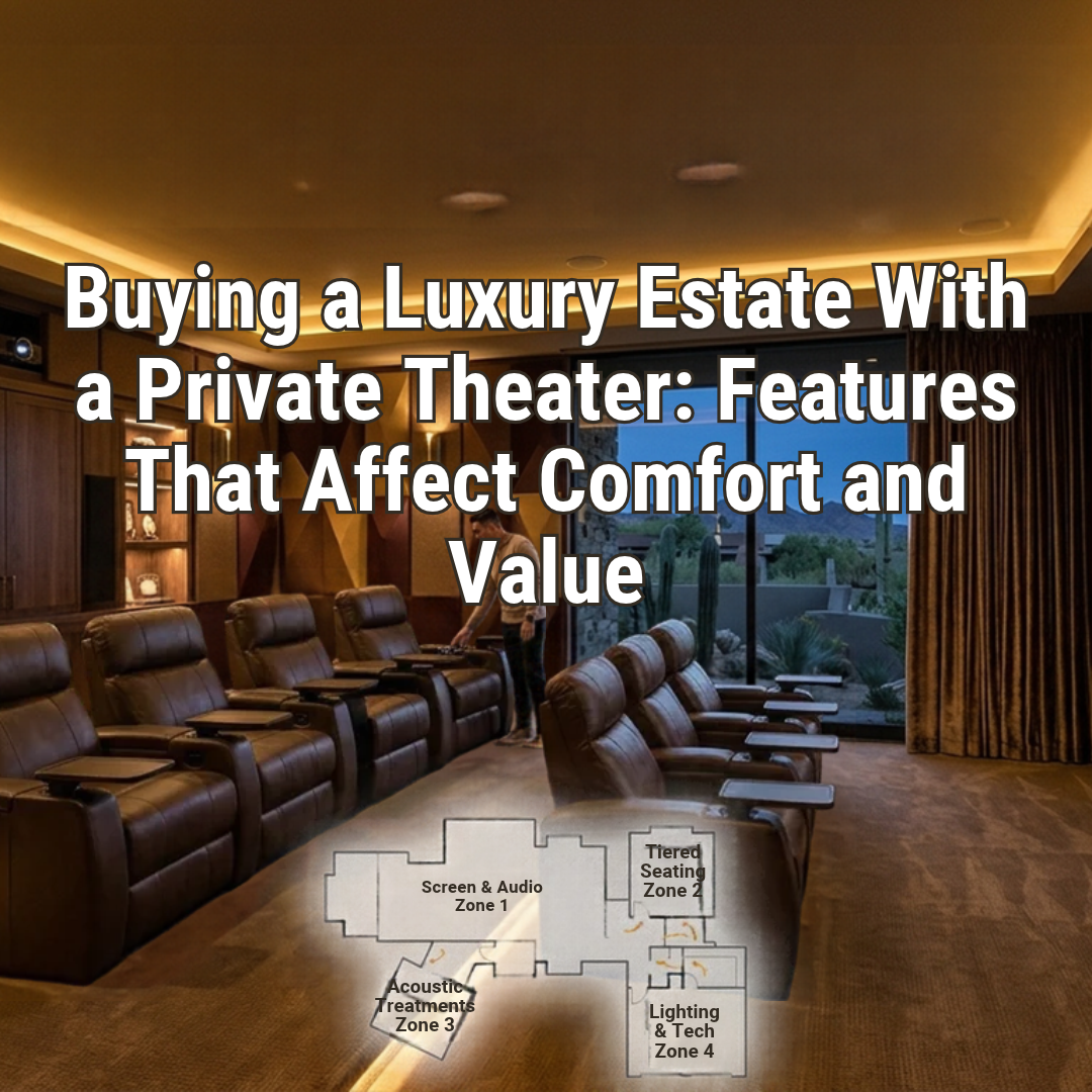  Luxury estate private theater with reclining cinema seats, a large projection screen, acoustic wall finishes, and ambient lighting in an Arizona luxury home overlaid with text: Buying a Luxury Estate With a Private Theater: Features That Affect Comfort and Value