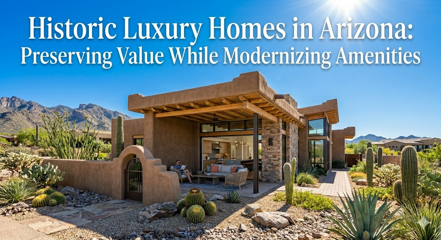  Historic luxury Arizona home featuring adobe-style architecture, modern interior renovation elements, and desert landscaping in Scottsdale, representing preservation and modernization in real estate, overlaid with the text: “Historic Luxury Homes in Arizona: Preserving Value While Modernizing Amenities”