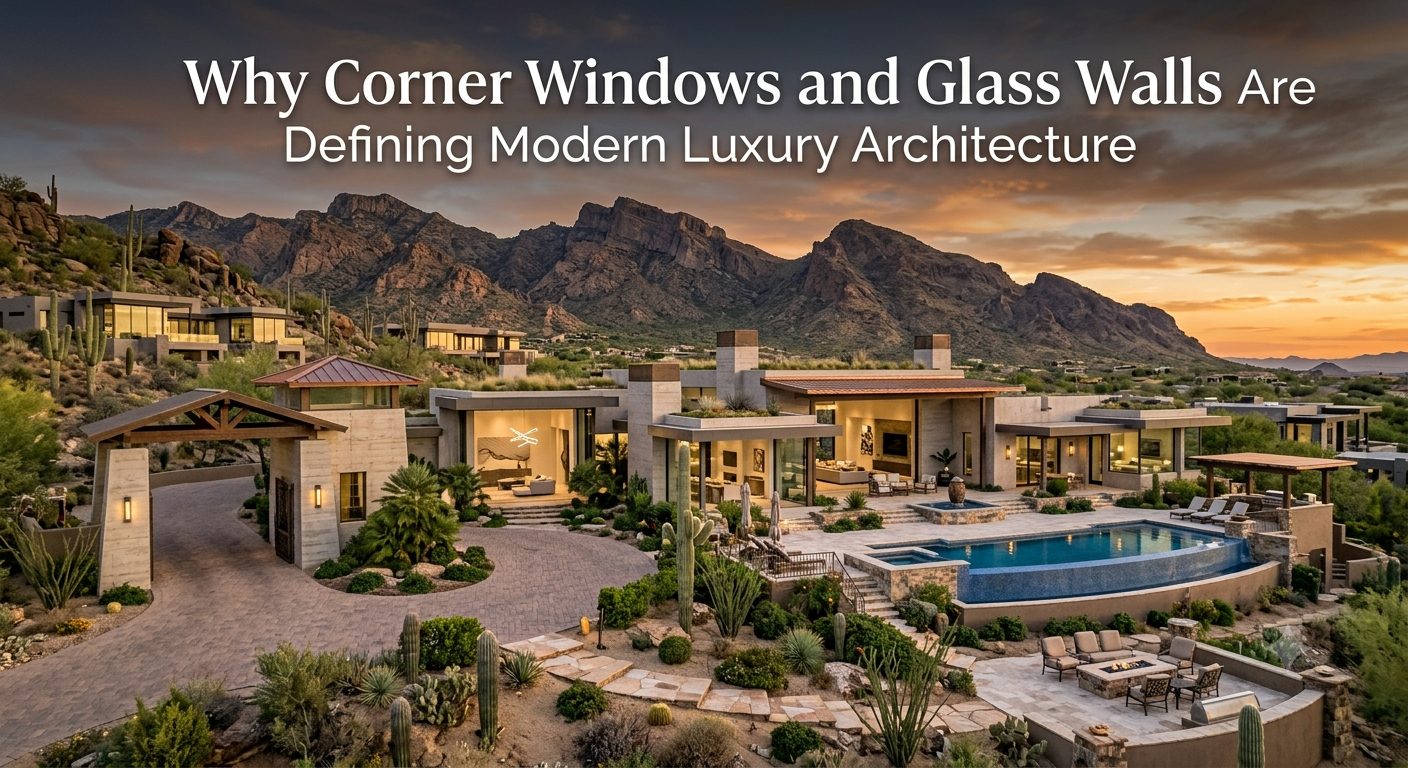 Modern Arizona luxury home featuring dramatic floor-to-ceiling glass walls and corner windows overlooking desert mountains, with seamless indoor-outdoor living, abundant natural light, and contemporary architecture, overlaid with the text: “Why Corner Windows and Glass Walls Are Defining Modern Luxury Architecture” 