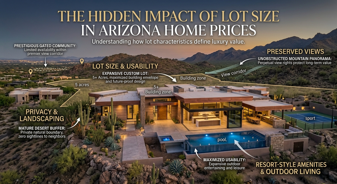 Arizona luxury estate on a large desert lot with mountain views, private landscaping, expansive outdoor living space, and a resort-style pool, illustrating how lot size, usability, privacy, and views can influence Arizona home prices. overlaid with text: The Hidden Impact of Lot Size in Arizona Home Prices 