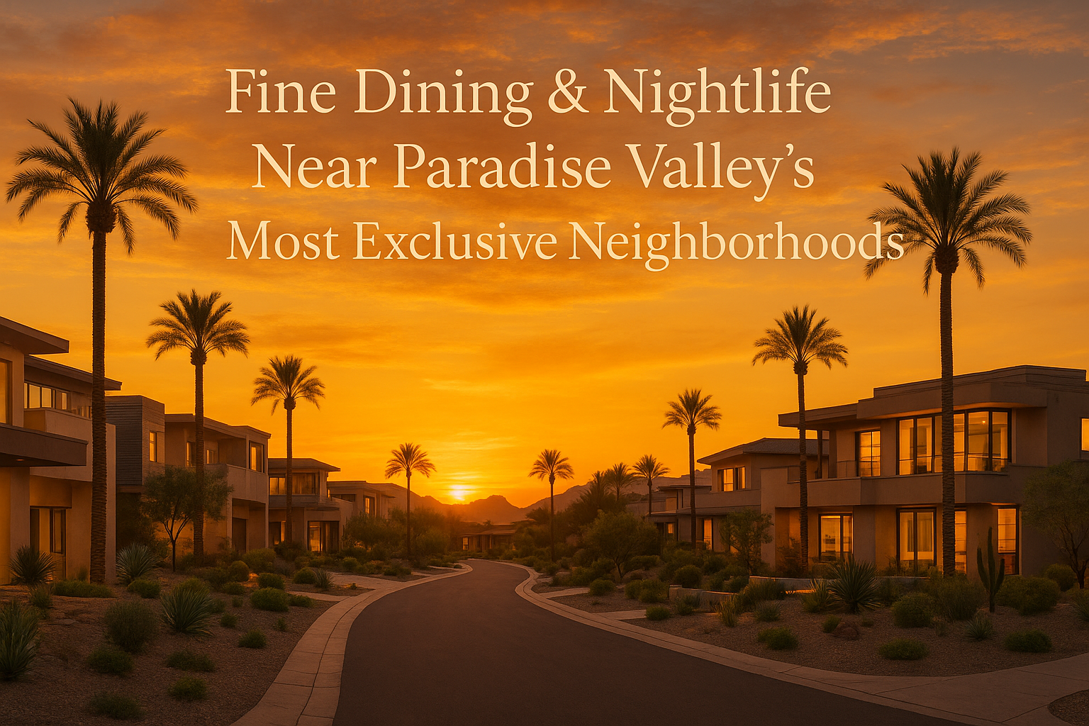 Elegant desert neighborhood at sunset featuring modern luxury homes, palm trees, and a warm golden sky, overlaid with the text:Fine Dining & Nightlife Near Paradise Valley’s Most Exclusive Neighborhoods