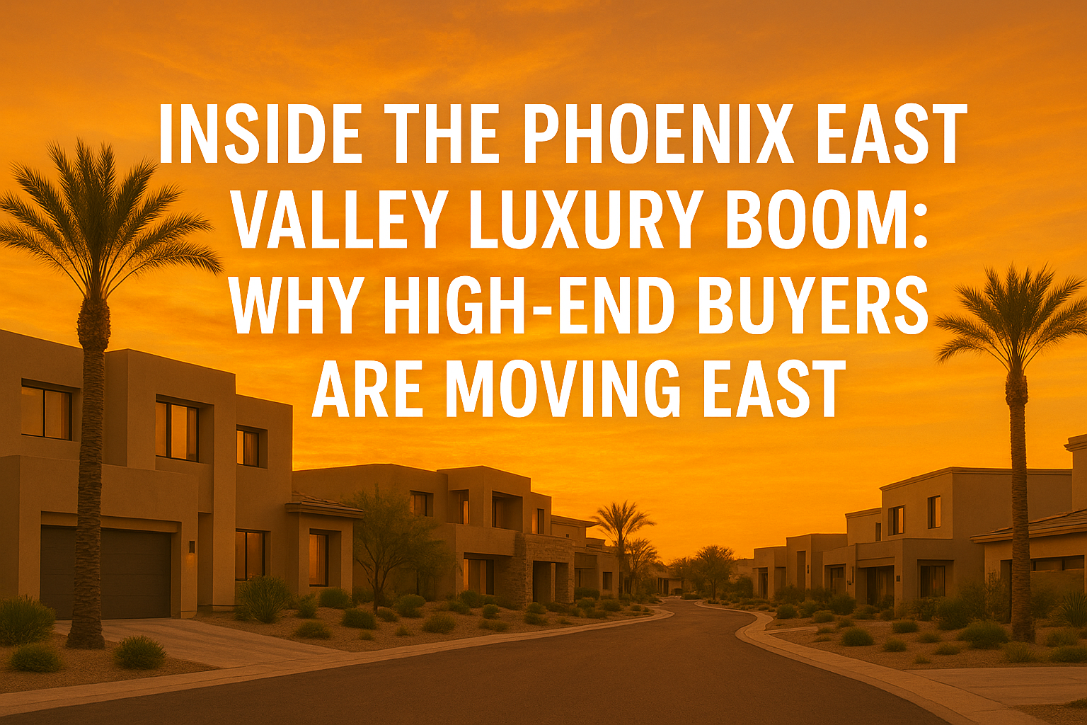 Elegant desert neighborhood at sunset featuring modern luxury homes, palm trees, and a warm golden sky, overlaid with the text:“Inside the Phoenix East Valley Luxury Boom: Why High-End Buyers Are Moving East”
