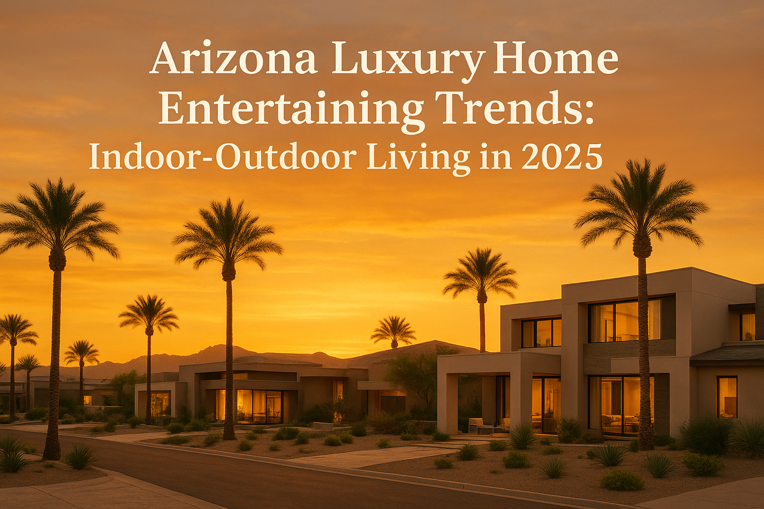 Elegant desert neighborhood at sunset featuring modern luxury homes, palm trees, and a warm golden sky, overlaid with the text: Arizona Luxury Home Entertaining Trends: Indoor-Outdoor Living in 2025