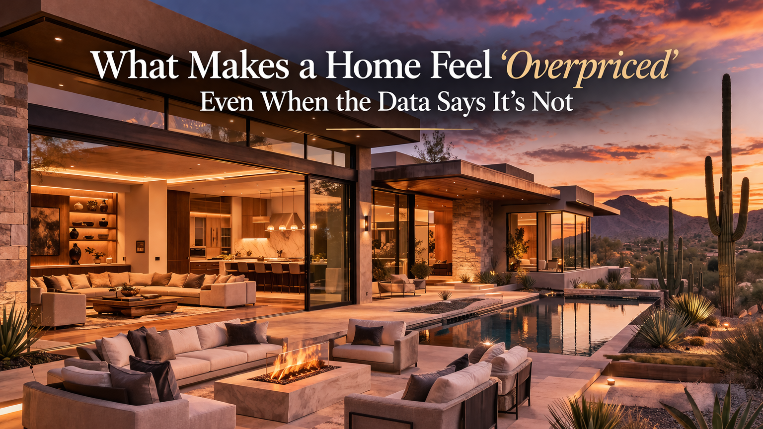Arizona luxury home with striking architecture but subtle visual cues of perceived value with Overlay Text: What Makes a Home Feel ‘Overpriced’ Even When the Data Says It’s Not