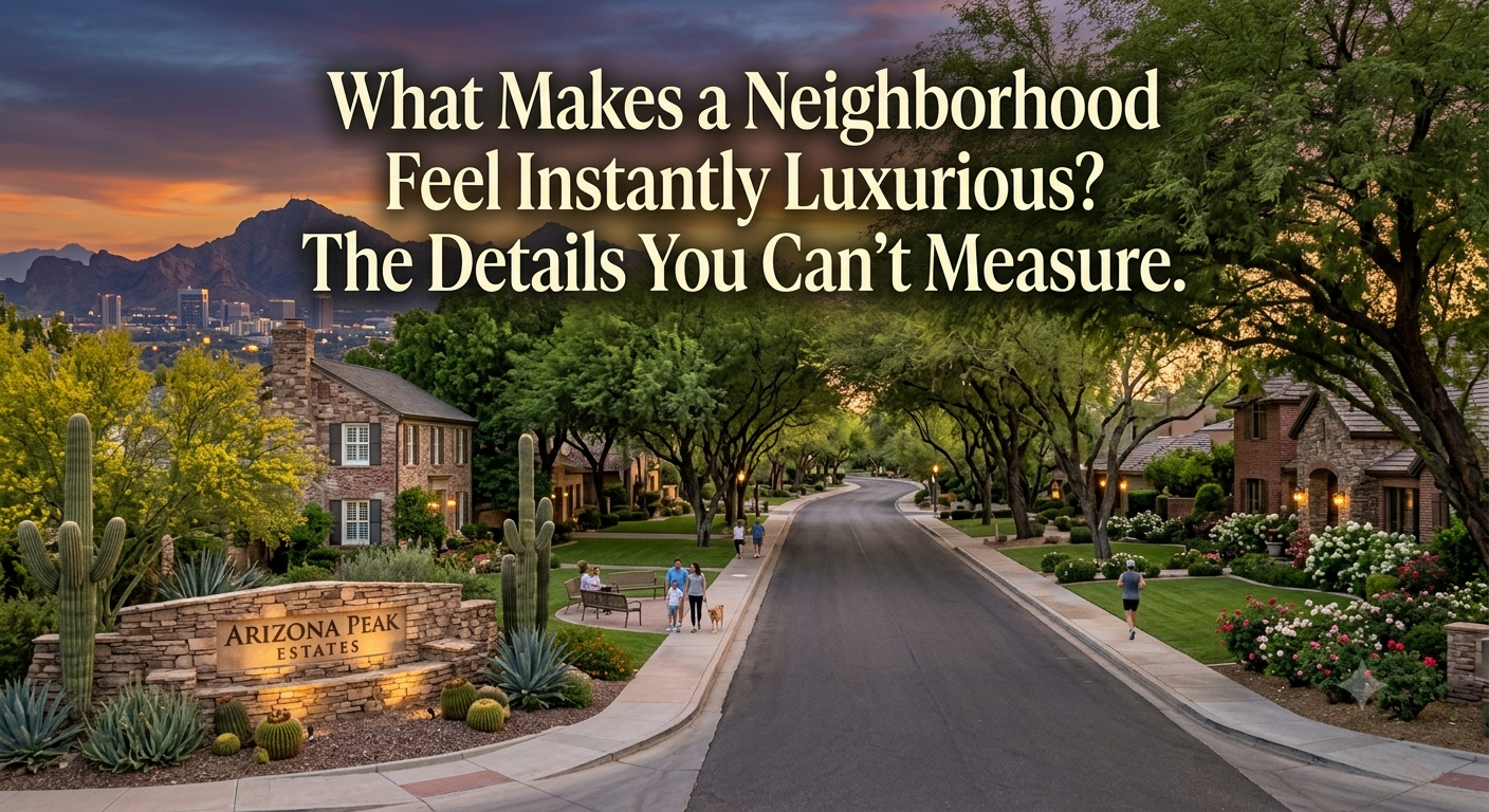 Elegant Arizona luxury neighborhood featuring tree-lined streets, custom desert estates, mature landscaping, mountain views, stone entry monuments, and beautifully maintained community spaces at sunset, illustrating the timeless details that make a neighborhood feel instantly luxurious, overlaid with the text: “What Makes a Neighborhood Feel Instantly Luxurious? The Details You Can't Measure.” 