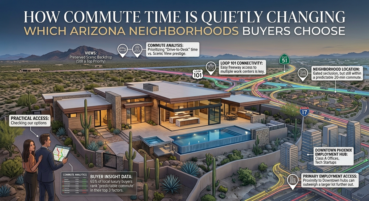 Arizona luxury home in the Phoenix metropolitan area with desert landscaping and mountain views, illustrating how commute access, freeway connectivity, employment centers, and neighborhood location can influence luxury homebuyers' decisions WITH OVERLAID TEXT: How Commute Time Is Quietly Changing Which Arizona Neighborhoods Buyers Choose 
