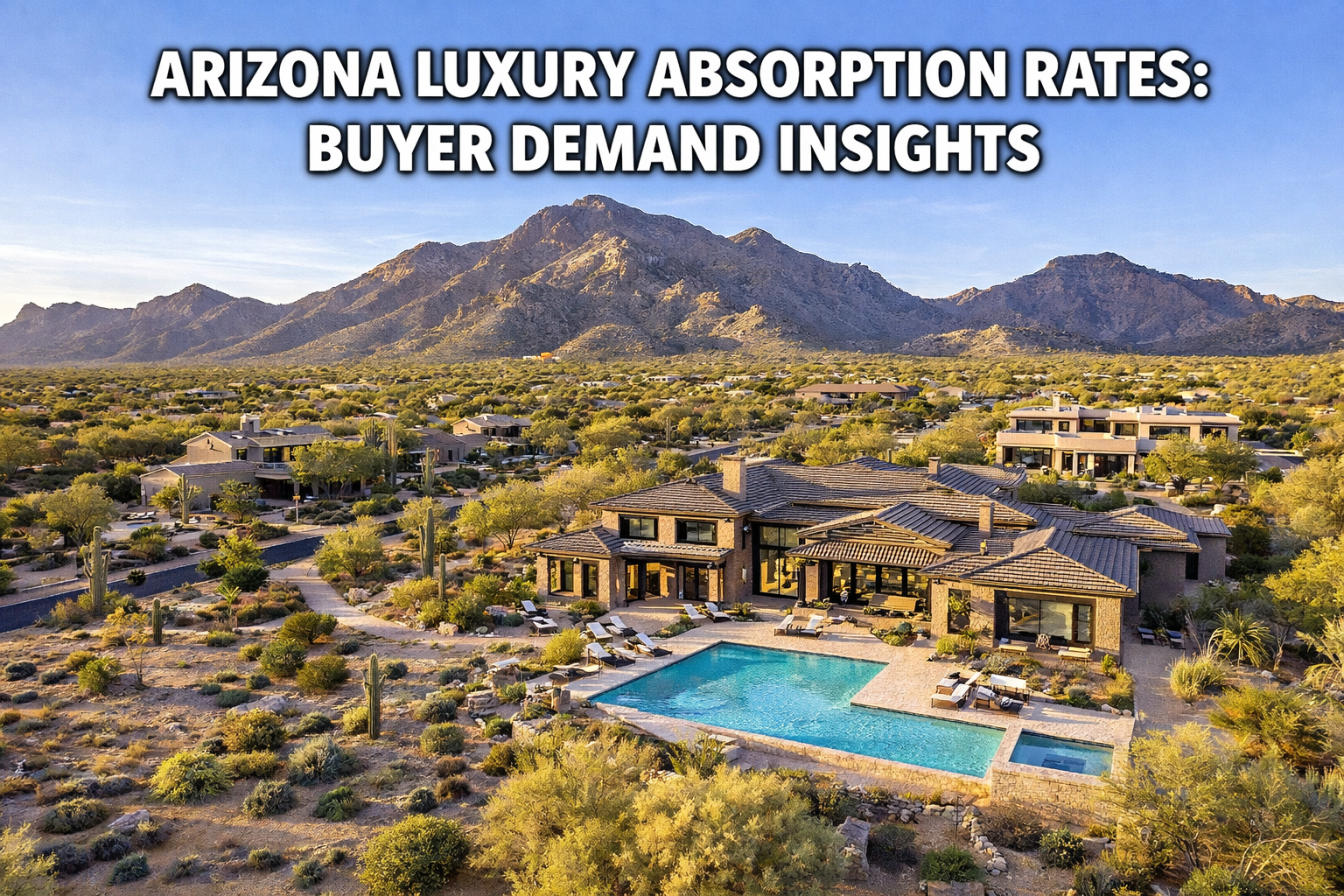 Arizona luxury homes with desert landscaping and mountain views, overlaid with the text: “ARIZONA LUXURY ABSORPTION RATES: BUYER DEMAND INSIGHTS”
