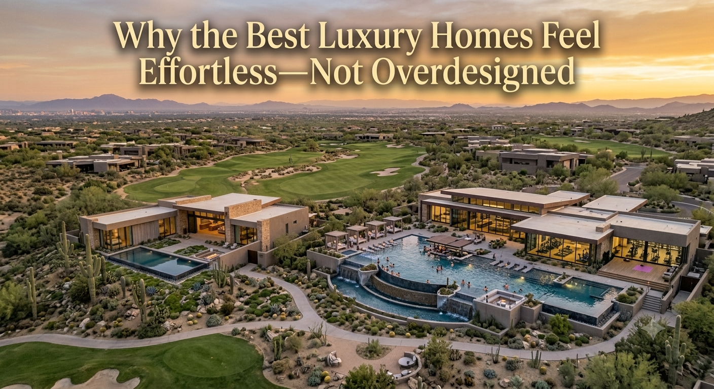A sophisticated Arizona luxury home featuring clean architectural lines, natural stone finishes, expansive windows, seamless indoor-outdoor living, and minimalist elegance, illustrating why the best luxury homes feel effortless rather than overdesigned, overlaid with the text: “Why the Best Luxury Homes Feel Effortless—Not Overdesigned.” 