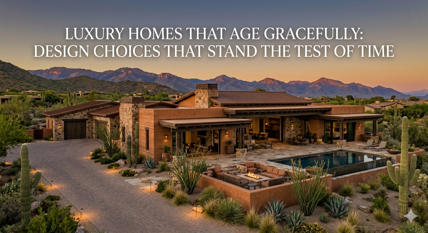 Elegant Arizona luxury home with timeless desert architecture, natural stone materials, warm earth tones, shaded outdoor living spaces, and mountain views, symbolizing design that ages gracefully over time, overlaid with the text: “Luxury Homes That Age Gracefully: Design Choices That Stand the Test of Time” 