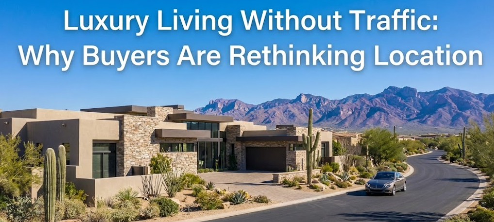 Luxury Arizona estate on a quiet street with mountain views and minimal traffic  overlaid with text: Luxury Living Without Traffic: Why Buyers Are Rethinking Location
