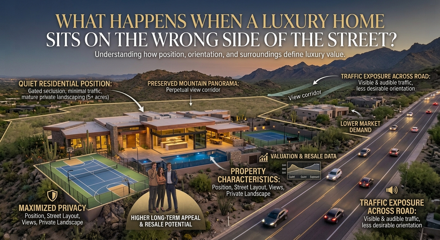 Arizona luxury home positioned on a quiet residential street with mountain views, private landscaping, expansive outdoor living, and contrasting traffic exposure across the road, illustrating how street position, orientation, privacy, and surroundings can influence luxury home appeal and resale potential overlaid text: What Happens When a Luxury Home Sits on the Wrong Side of the Street? 