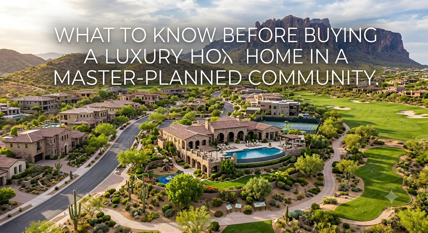 Beautiful Arizona master-planned luxury community featuring custom homes, landscaped streets, resort-style clubhouse, walking trails, golf course, desert mountain views, and elegant neighborhood amenities, illustrating what buyers should consider before purchasing a luxury home in a master-planned community, overlaid with the text: “What to Know Before Buying a Luxury Home in a Master-Planned Community.”