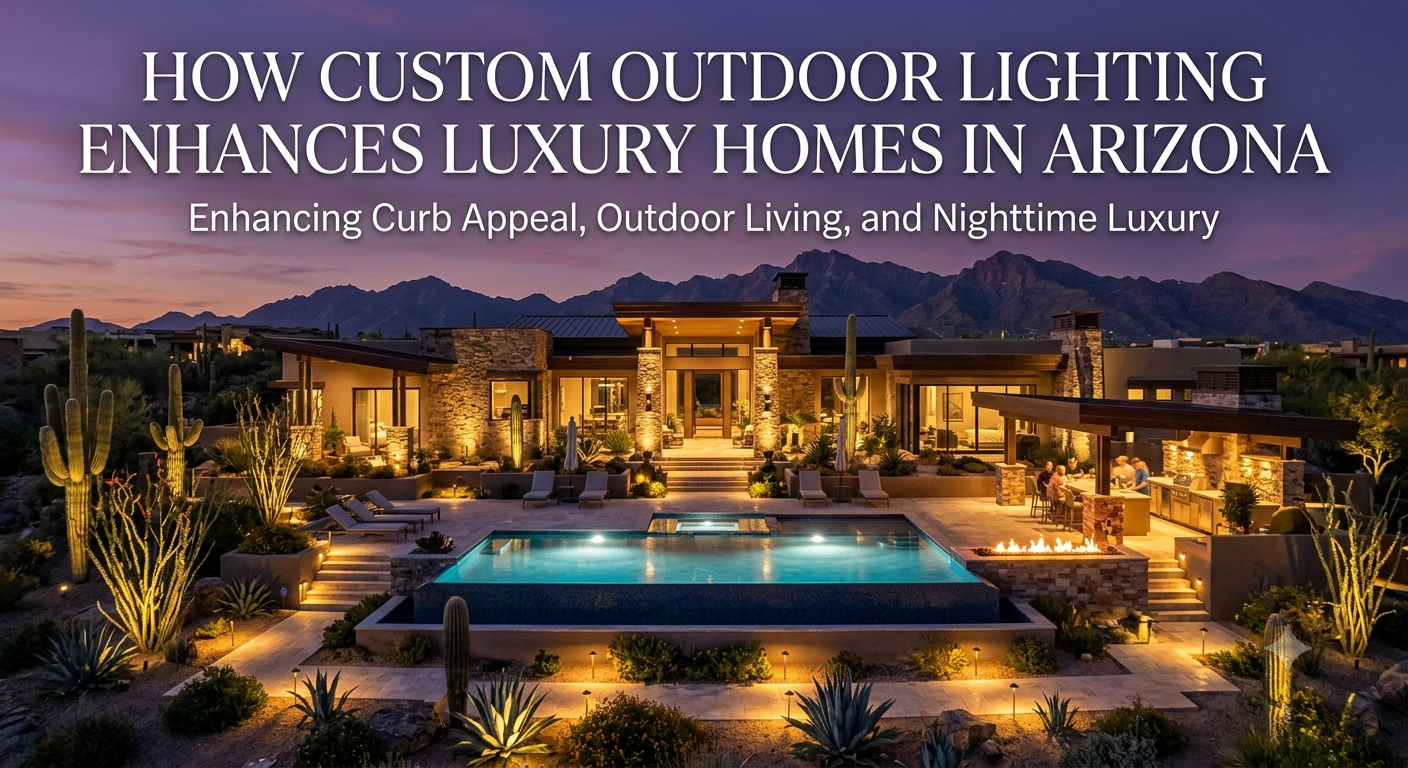 Elegant Arizona luxury home at dusk featuring custom architectural lighting, illuminated desert landscaping, resort-style pool, outdoor kitchen, stone pathways, and mountain views, showcasing how custom outdoor lighting enhances curb appeal, outdoor living, and nighttime luxury, overlaid with the text: “How Custom Outdoor Lighting Enhances Luxury Homes in Arizona.”