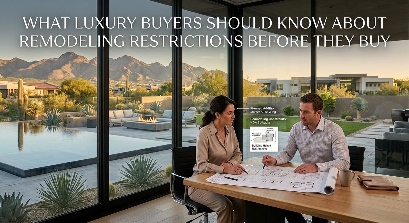 Arizona luxury homeowner reviewing architectural plans for a planned home renovation at a modern desert property, with a pool, outdoor living space, landscaped yard, and mountain views visible through floor-to-ceiling windows, illustrating the importance of understanding remodeling restrictions before buying a luxury home overlaid with text: What Luxury Buyers Should Know About Remodeling Restrictions Before They Buy 