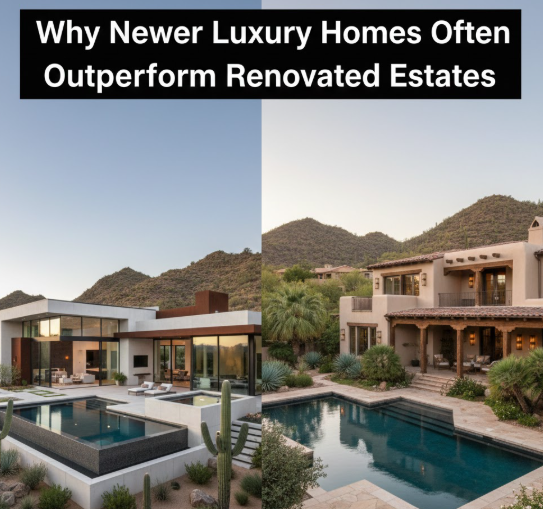 Arizona luxury home showcasing modern new build features versus renovated estate with overlaid text: Why Newer Luxury Homes Often Outperform Renovated Estates