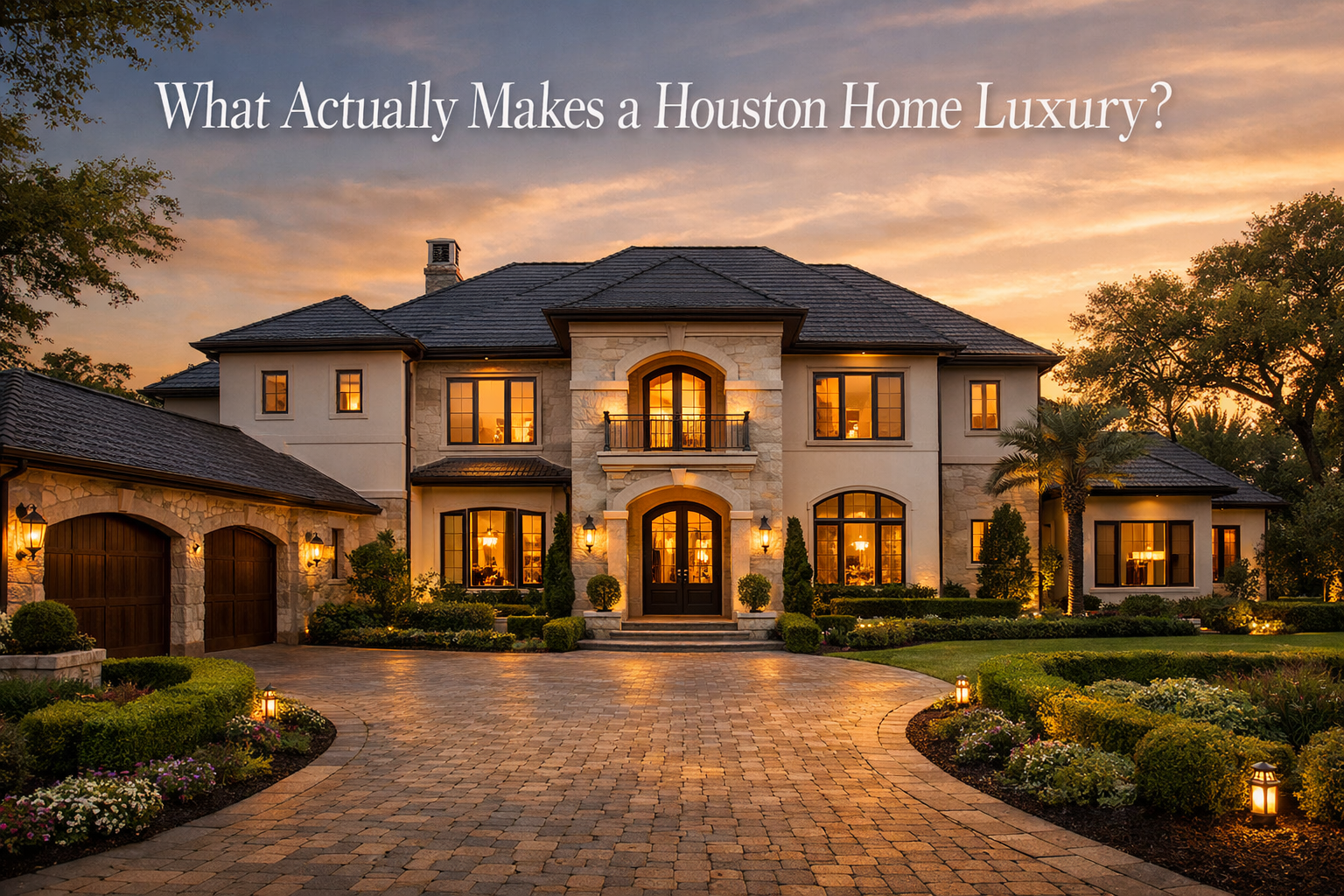 Luxury Houston home exterior with refined architecture and landscaping