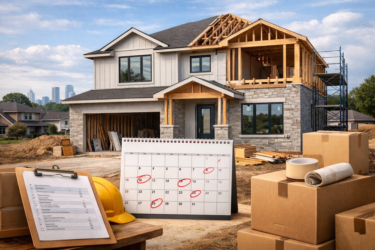 Houston-area new construction home with a delayed move-in timeline, showing a partially completed house and planning documents