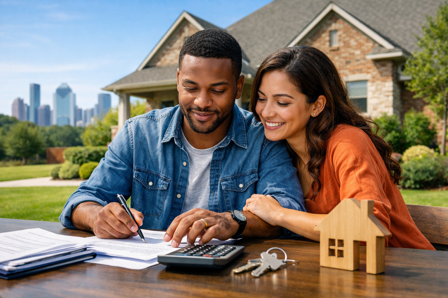 First-time homebuyers reviewing home purchase costs for a house in Houston, Texas