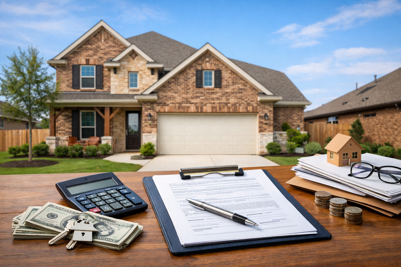 New construction home in Houston with sold sign and budgeting documents representing hidden homebuying costs