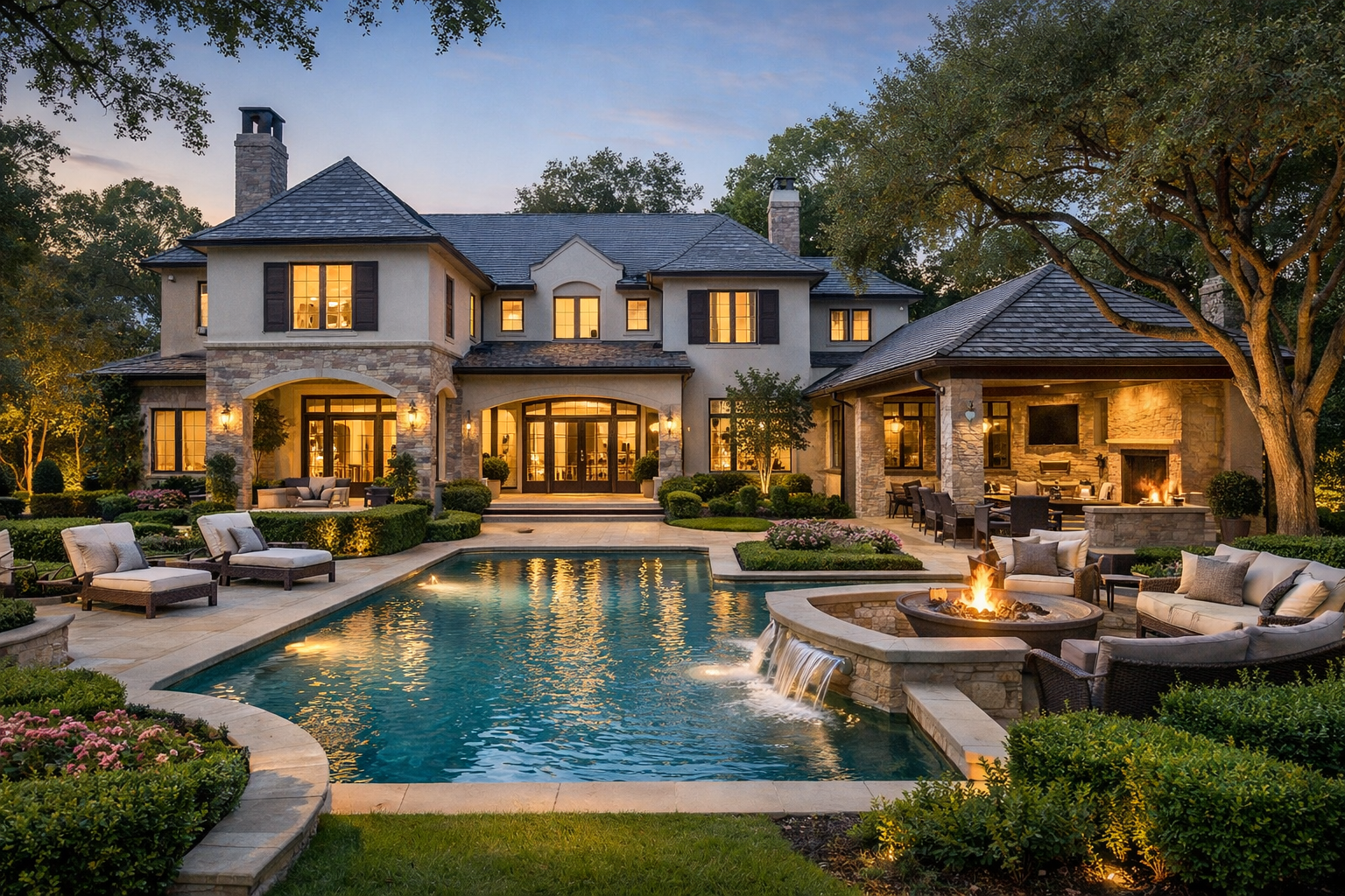 Luxury Houston home exterior with timeless architecture, landscaped grounds, and upscale outdoor living