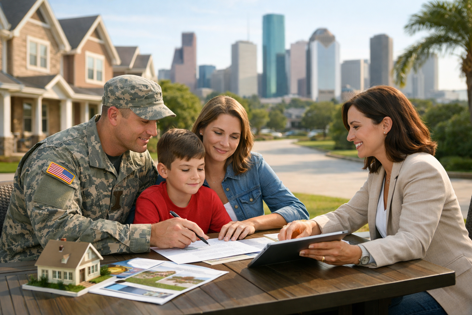 Military family reviewing whether to buy or rent a home during a short assignment in the Houston area