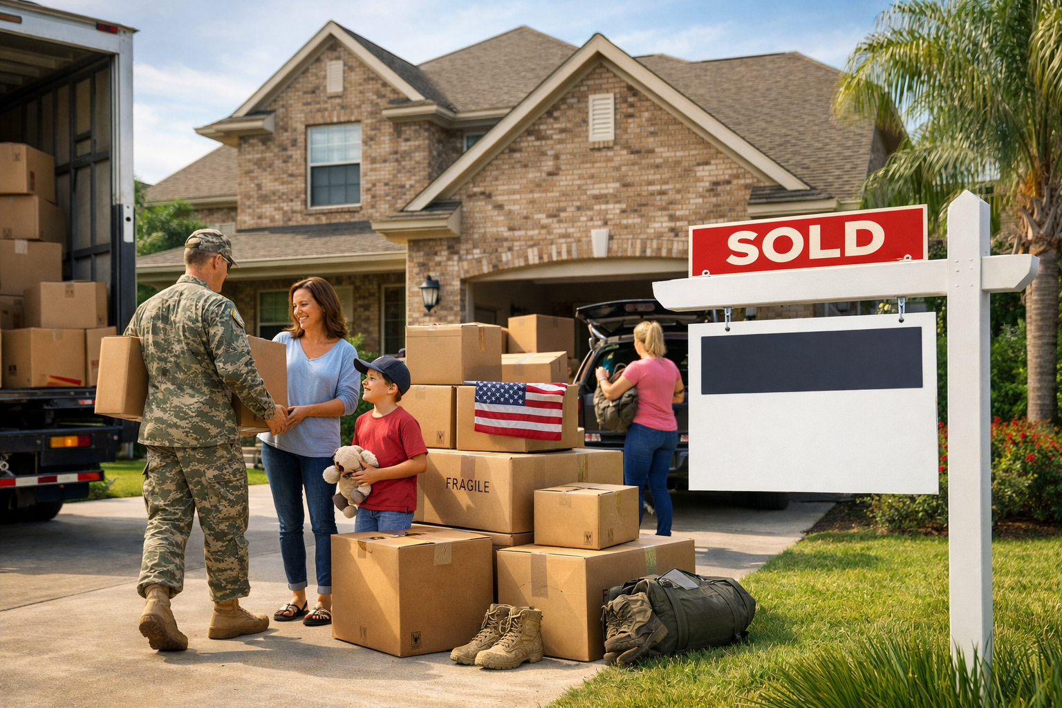 Military family preparing to sell a Houston home during a PCS move, with moving boxes, a sold sign, and Houston neighborhood setting