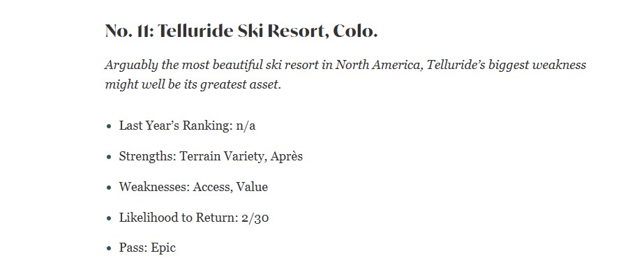 Ski Magazine Readers Rank Telluride #11 header image.