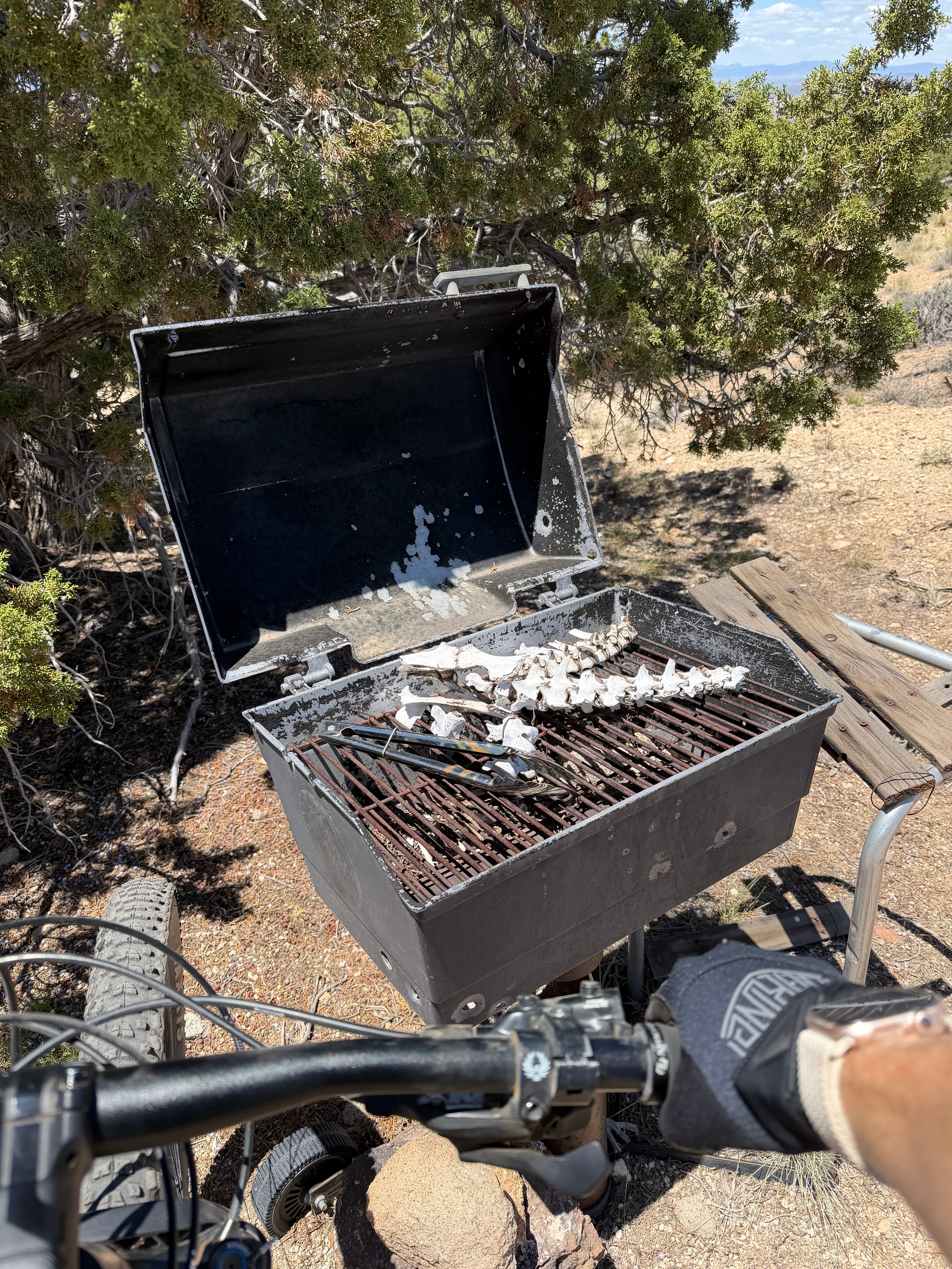 Rusted barbecue grill on a mountain ridge at Three Peaks Recreation Area