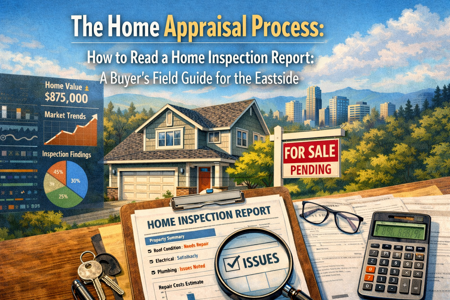 Wide blog header illustration showing a suburban Eastside home for sale with a pending sign, a home inspection report on a clipboard, magnifying glass highlighting issues, calculator, market trend charts, and city skyline in the background, representing how buyers can review and understand a home inspection report before purchase.