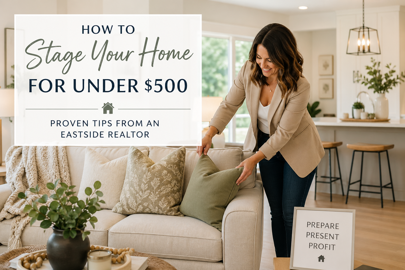 A professional real estate agent stages a bright modern living room by arranging decorative pillows on a neutral sofa, with text overlay reading “How to Stage Your Home for Under $500 – Proven Tips from an Eastside Realtor.” The space features warm natural light, stylish decor, and a clean home-staging aesthetic.