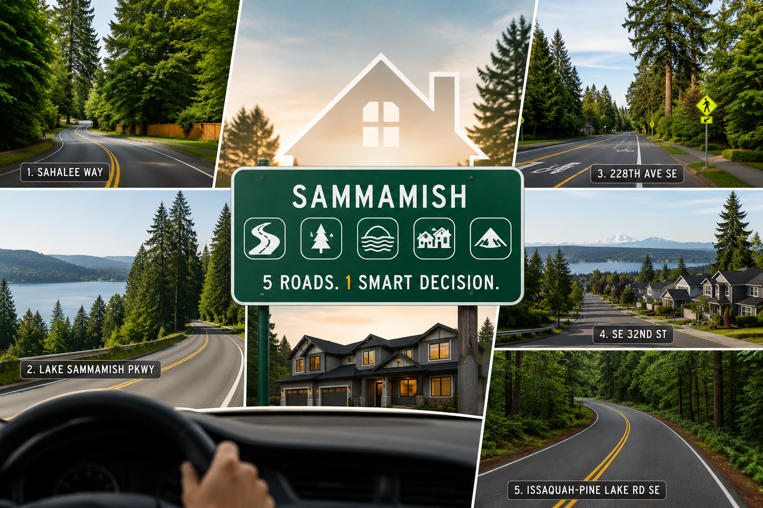 A creative real estate blog banner showing a driver's perspective approaching a modern home in Sammamish, Washington, surrounded by five scenic road views that represent important routes to explore before buying a home. A large green road sign in the center reads 