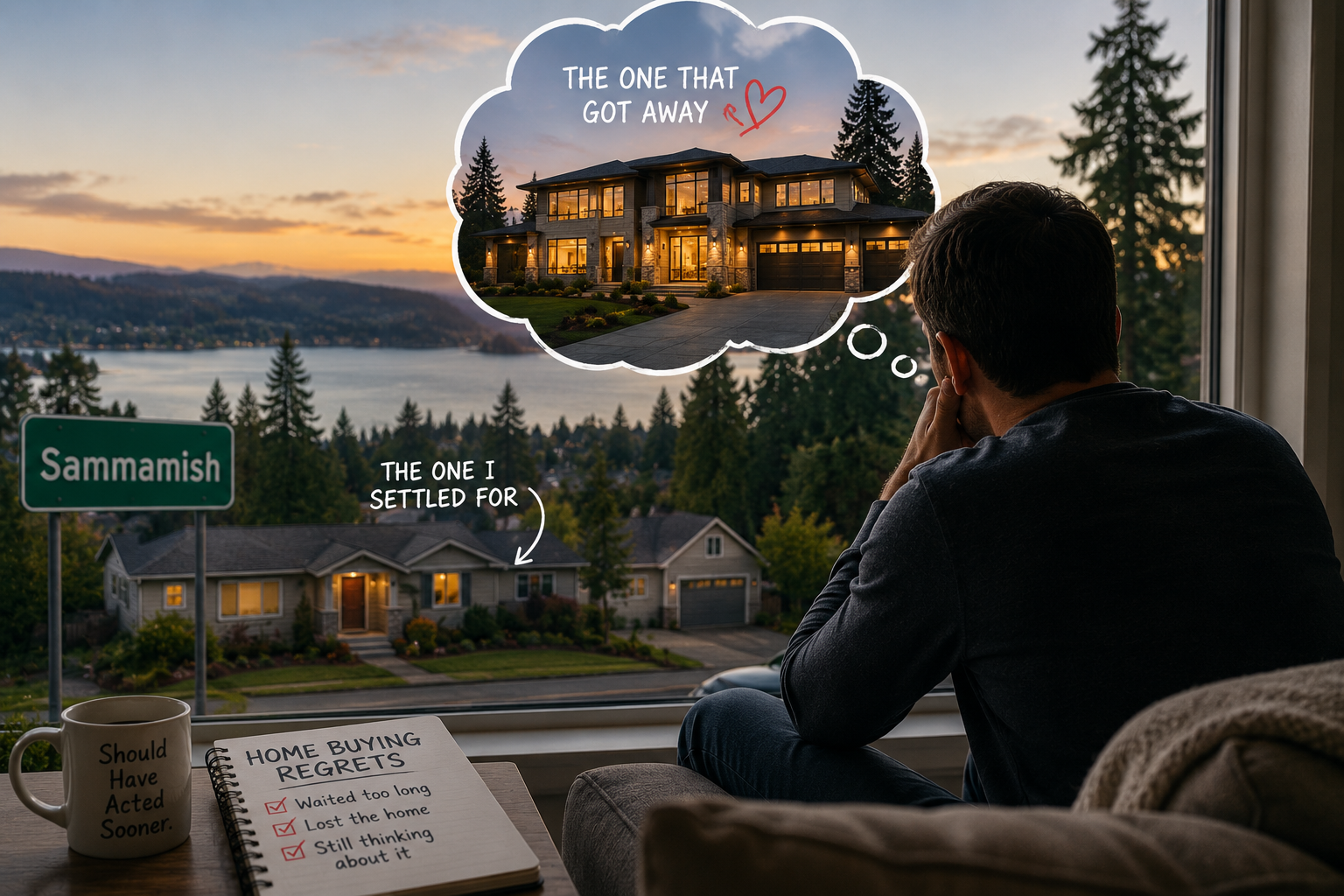 A cinematic real estate blog banner showing a homebuyer sitting by a window overlooking a Sammamish neighborhood, reflecting on a home-buying decision. A thought bubble features a dream home they missed, symbolizing buyer's remorse, while a notebook and coffee mug emphasize the emotional impact of waiting too long or settling for the wrong property. The image conveys the importance of making informed home-buying decisions to avoid future regret.